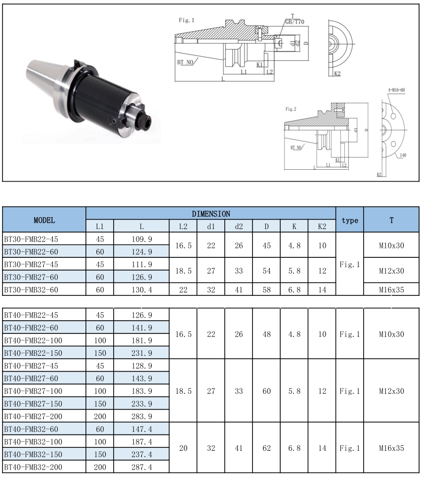 Face Mill Cutter Holder BT30/BT40/BT50-FMB/FMA Milling Tool Holder